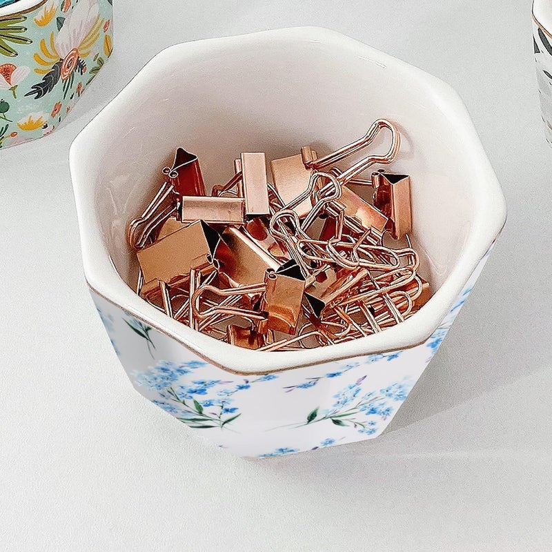 LEAZUL Ceramic Paper Clip Holder With Gold Line Geometric Floral Paper Clip Dispenser for Desk Cute Paper Clip Organizer Office Binder Clip Holder Gift for Office Blue Flowers - Image 4